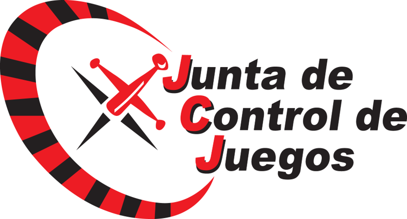 Logo oficial de la Junta de Control de Juegos de Panamá, con elementos en rojo y negro, representando una ruleta y flechas cruzadas.