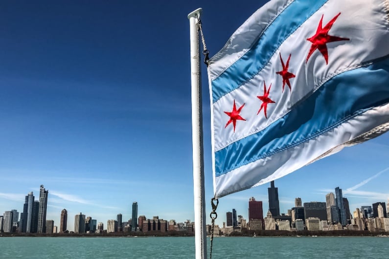 Chicago flag with city skyline