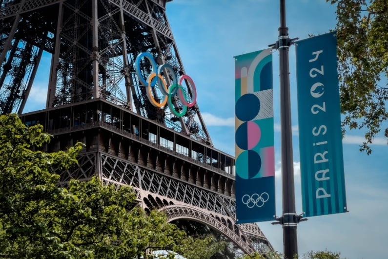 Eiffel Tower with Olympic rings and Olympic banner