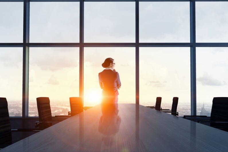 Female exec looking out window of conference room