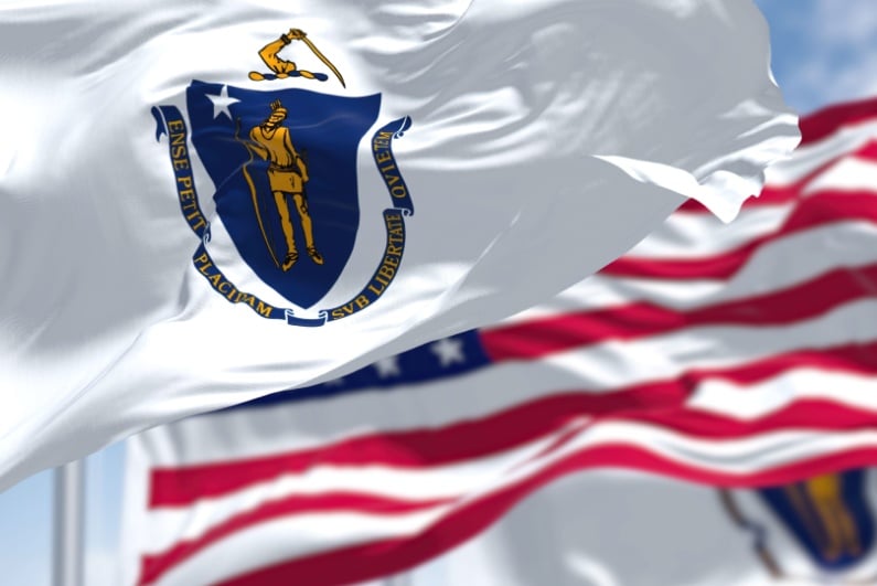 Massachusetts and American flags