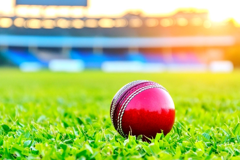 Red cricket ball on grass