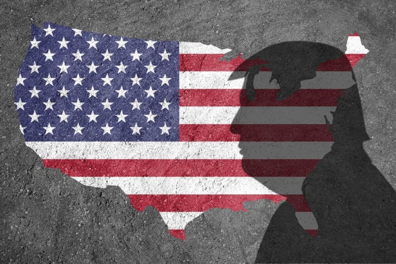 US flag with Donald Trump silhouete