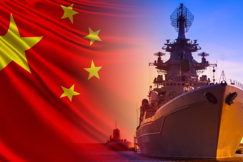 Chinese flag and naval ship