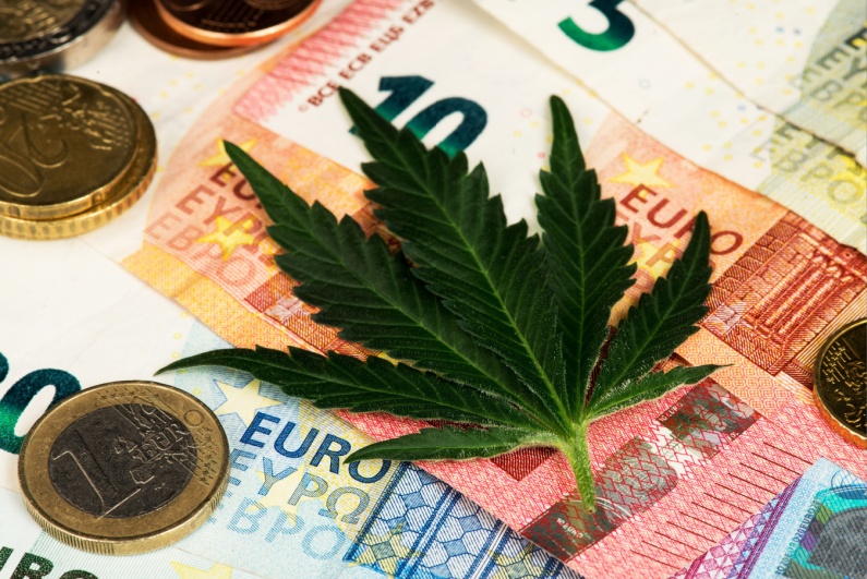 Euro cash and a marijuana leaf