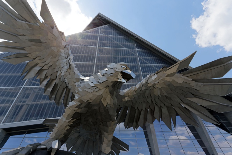 Falcon statue outside Mercedes Benz Stadium in Atlanta