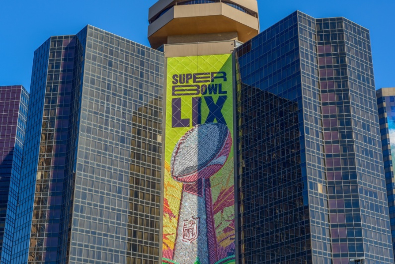 Super Bowl LIX sign on hotel